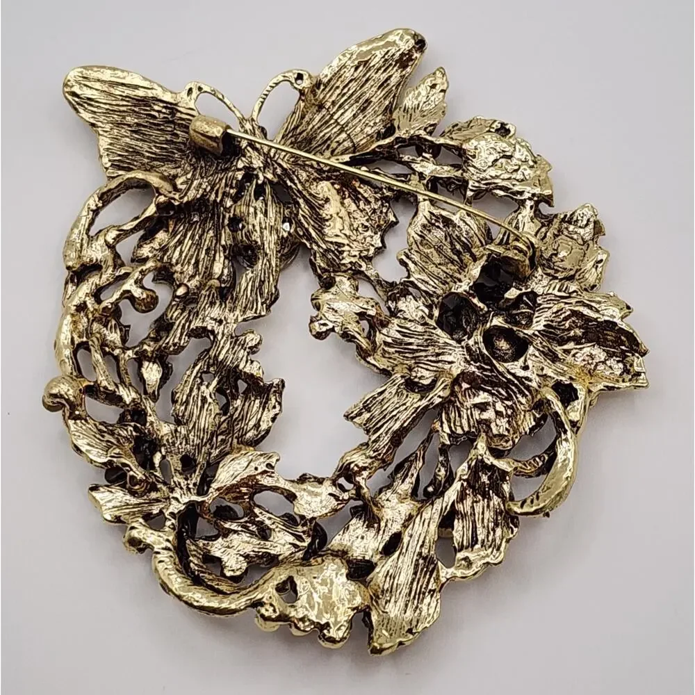 Butterfly Floral Wreath Brooch Amber Brown Faux Jewel Rhinestone Statement